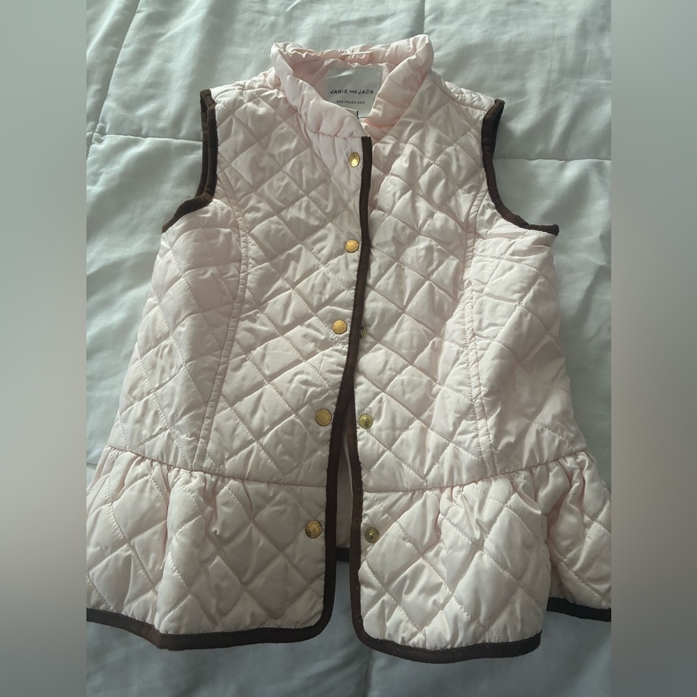 Janie and Jack Light Pink Equestrian Quilted Vest with Brown Trim